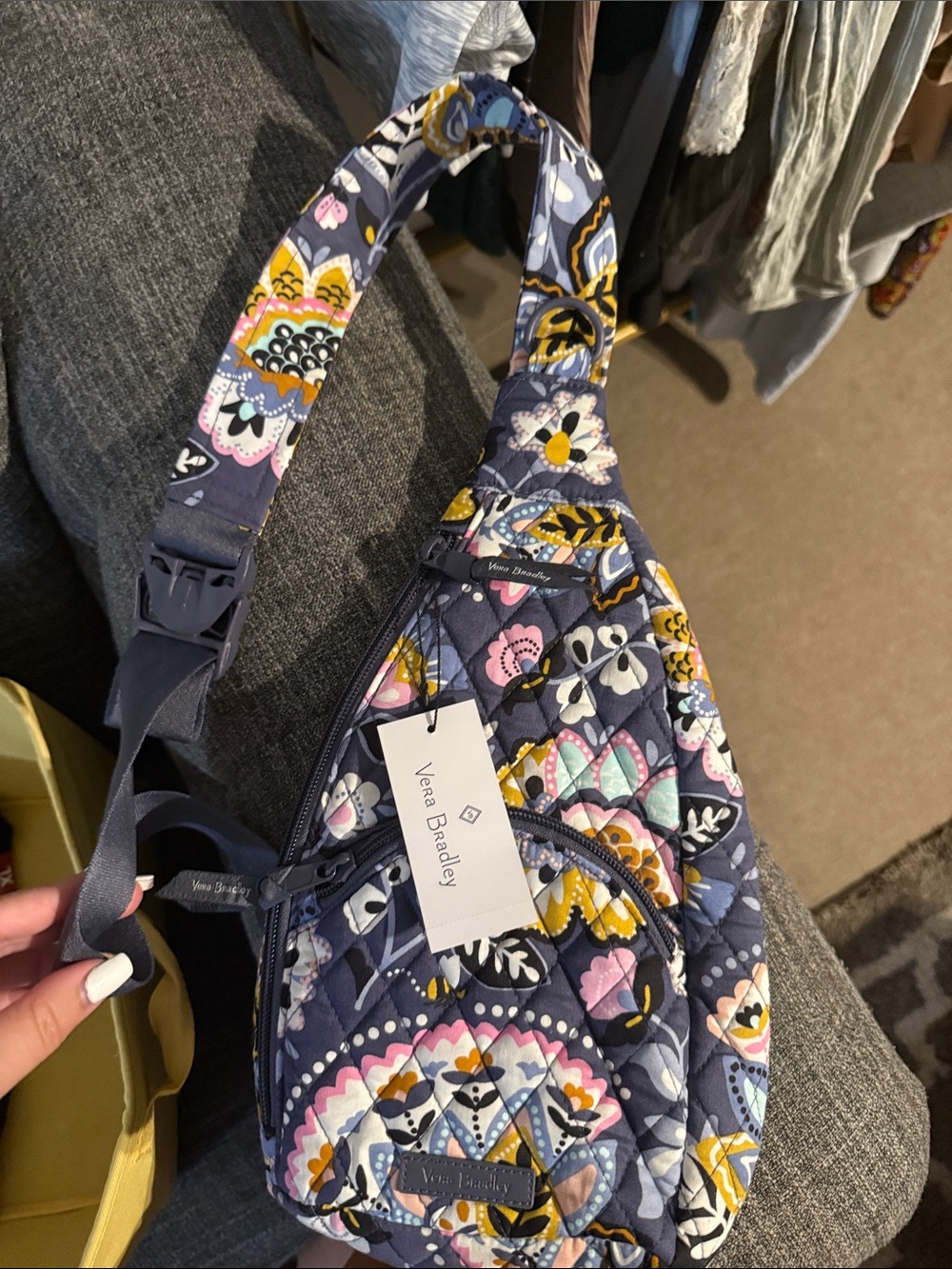 Vera Bradley Navy Floral Quilted Crossbody Sling with Yellow and Pink Accents
